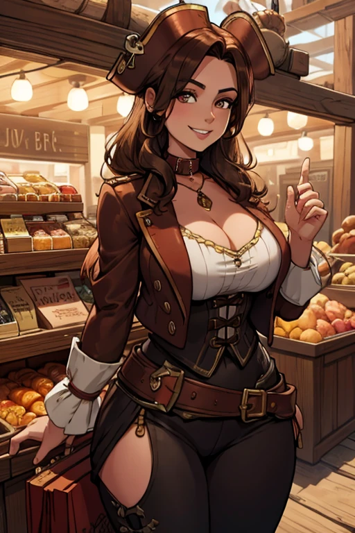 A brown haired woman with copper eyes and an hourglass figure in a pirate's outfit is shopping in the market of a pirate ccity with a big smile