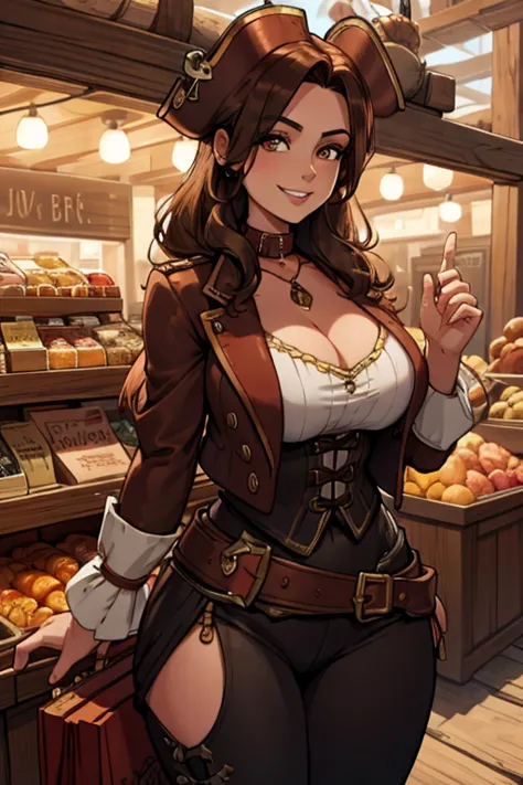 A brown haired woman with copper eyes and an hourglass figure in a pirate's outfit is shopping in the market of a pirate ccity w...