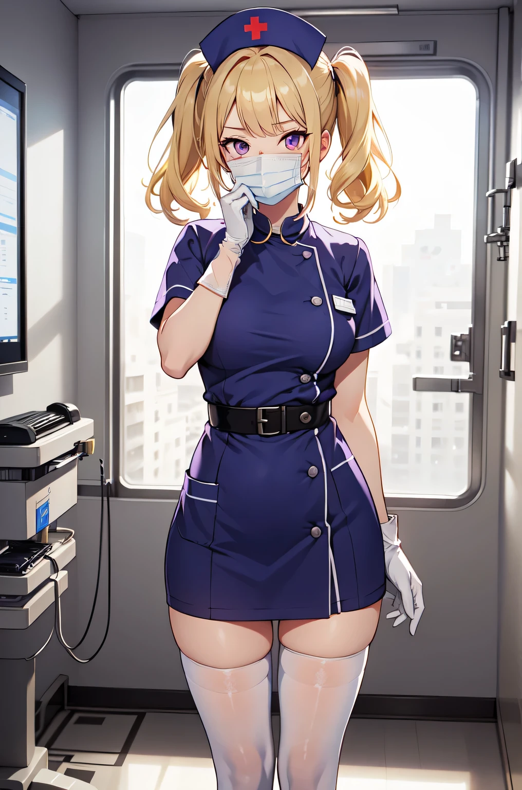 1girl, solo, nurse, nurse cap, white nurse uniform, ((white legwear, zettai ryouiki)), white gloves, twintails, yellow hair, purple eyes, ((white surgical mask, covered nose)), standing, ((hospital room)), sharp outline, short sleeves, best quality, masterpiece