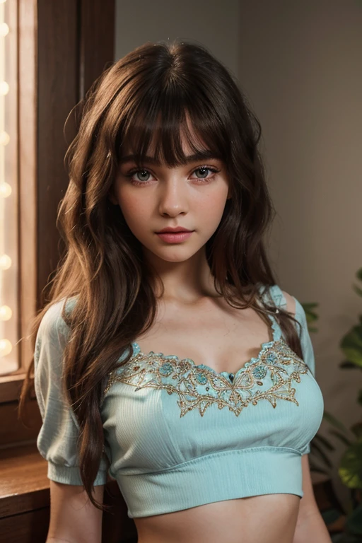 malina weissman, 1girl, beautiful detailed eyes, beautiful detailed lips, extremely detailed face and eyes, long eyelashes, pijama hair, crop top, midriff, detailed clothing, cinematic lighting, vibrant colors, photorealistic, 8k, high quality, masterpiece, intricate details