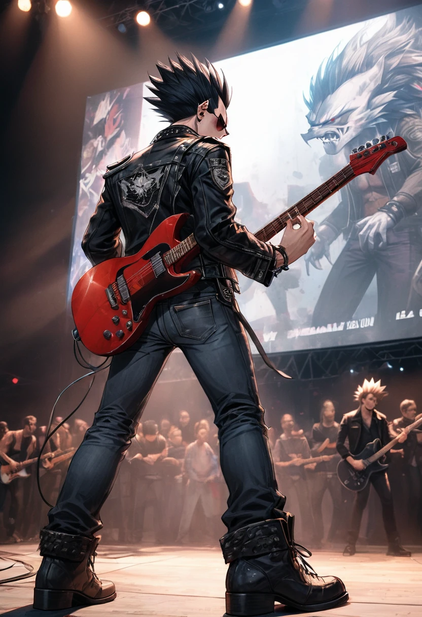 Vegeta, radiant, furious, enthusiastic, performative, in sunglasses, black leather jacket, customized jeans, snakeskin cowboy boots, black choker and wristbands, punk style, playing a red Gibson guitar, on a stage with a large screen in the background showing the show, punk rock trend, cinematic, dramatic, dynamic view, full body, Dragon_Ball_Z anime style, HD12K,