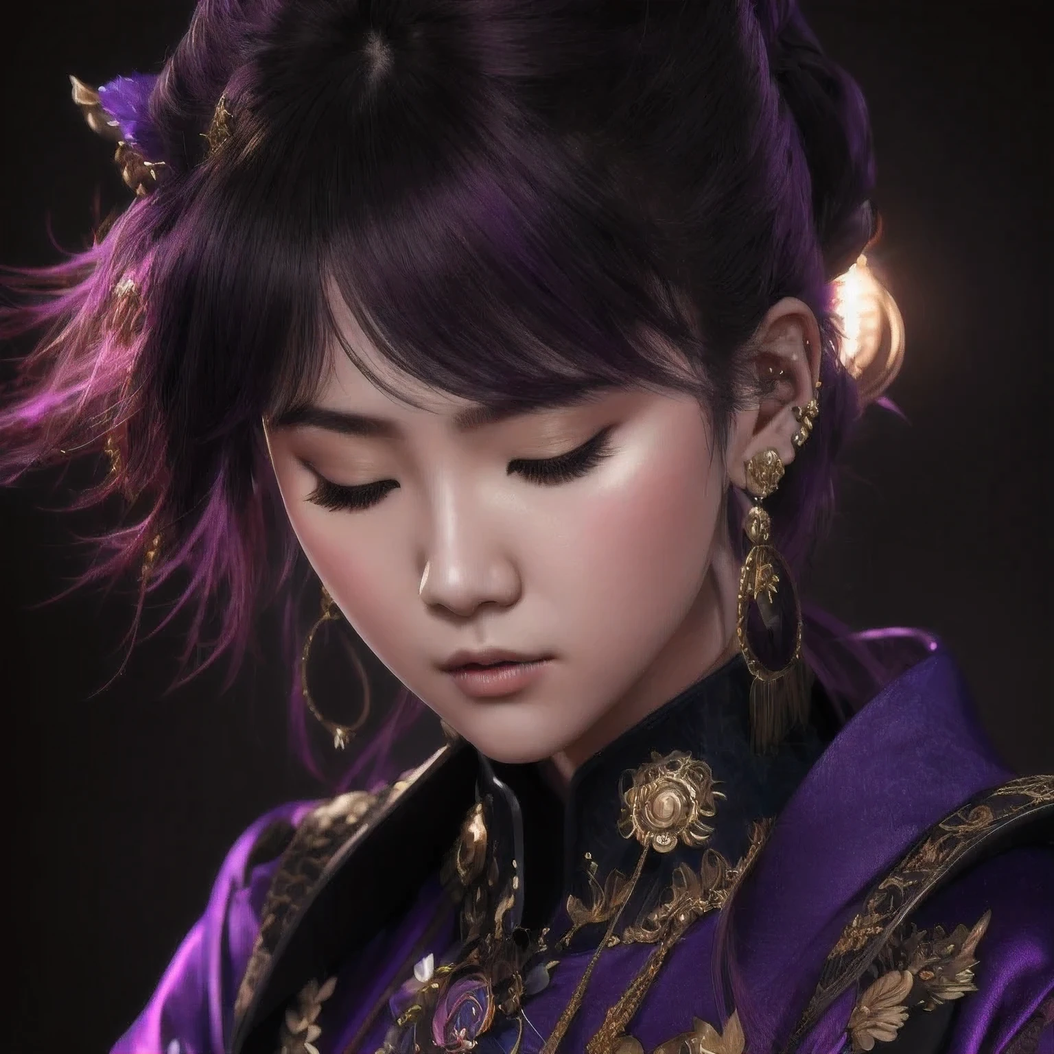 there is a 18 years old in a purple dress holding a dragon, wlop and ross tran, ross tran 8 k, fantasy art style, chengwei pan on artstation, a beautiful fantasy empress, ross tran and wlop, ruan jia and artgerm, the dragon girl portrait, ig model | artgerm, artgerm and ruan jia，beautiful
1girl
bangs
深绿 eyes
closed mouth
ear piercing
earrings
grey background
hair ornament
jewelry
lips
looking at viewer
military
military uniform
nose
piercing
portrait
realistic
short hair
simple background
solo
upper body