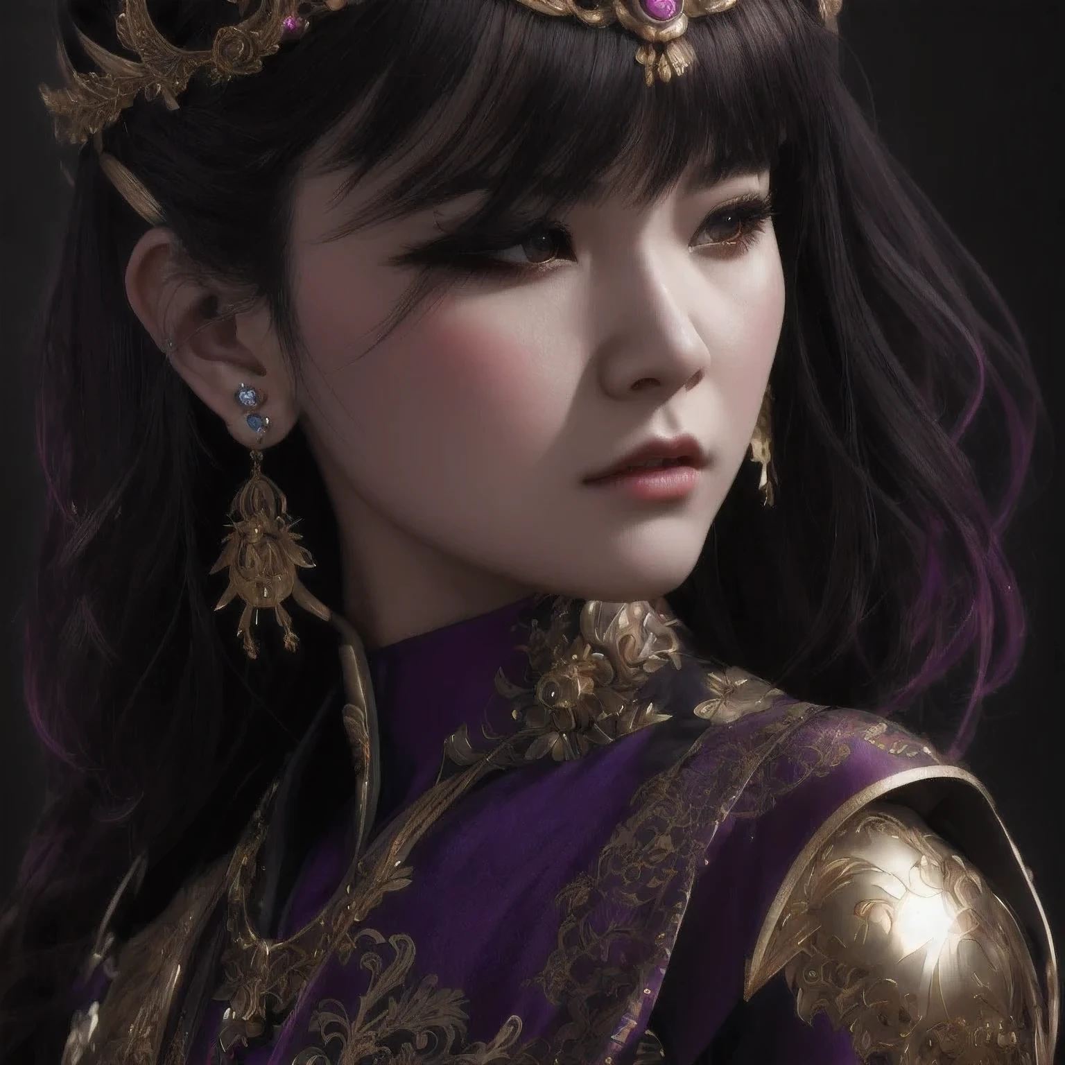 there is a 18 years old in a purple dress holding a dragon, wlop and ross tran, ross tran 8 k, fantasy art style, chengwei pan on artstation, a beautiful fantasy empress, ross tran and wlop, ruan jia and artgerm, the dragon girl portrait, ig model | artgerm, artgerm and ruan jia，beautiful
1girl
bangs
深绿 eyes
closed mouth
ear piercing
earrings
grey background
hair ornament
jewelry
lips
looking at viewer
military
military uniform
nose
piercing
portrait
realistic
short hair
simple background
solo
upper body