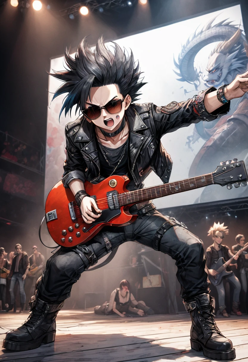 Vegeta, radiant, furious, enthusiastic, performative, in sunglasses, black leather jacket, customized jeans, snakeskin cowboy boots, black choker and wristbands, punk style, playing a red Gibson guitar, on a stage with a large screen in the background showing the show, punk rock trend, cinematic, dramatic, dynamic view, full body, Dragon_Ball_Z anime style, HD12K,