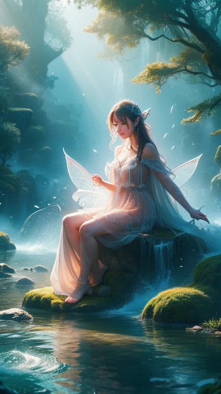 (best quality,4k,8k,highres,masterpiece:1.2),ultra-detailed,(realistic,photorealistic,photo-realistic:1.37),portrait of fairies,enjoying water play in a beautiful river in the forest,fairy with detailed face and hands, enchanted woodland scene, sparkling water, sunlight streaming through the trees, vibrant colors, ethereal atmosphere, delicate wings, flowing dresses, mischievous expressions, shimmering reflections on the water surface