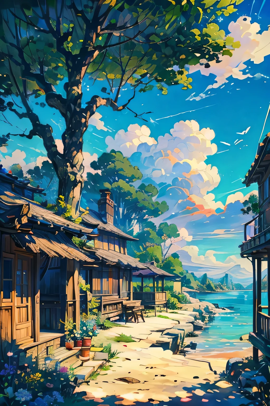 painting of a book store on the beach with a tree and a bird flying overhead, a storybook illustration by Ni Yuanlu, pixiv contest winner, conceptual art, makoto shinkai cyril rolando, small library, style of makoto shinkai, in style of makoto shinkai, studio glibly , vibrant colors, makoto shinkai, library background, sunset with red and orange, purple flowers, wind, warm, Twinkling string lights hang from the trees, blue color