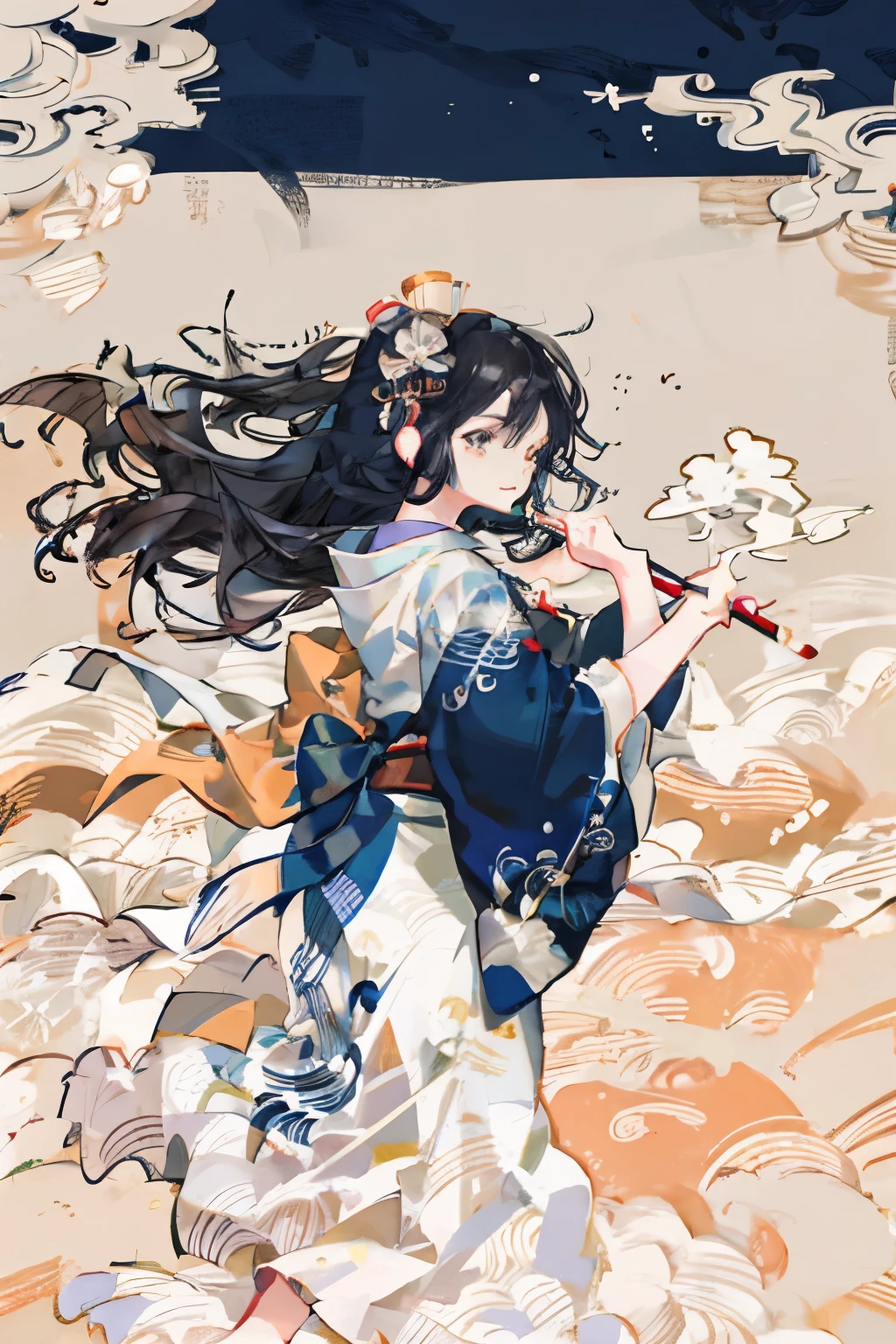 Japanese Calligraphy performance, kendo suit, tasuki, huge brush, ink, splashes, bold waves as if dancing with a big brush, Hokusai Katsushika, delicate and precise, anime style, girl
