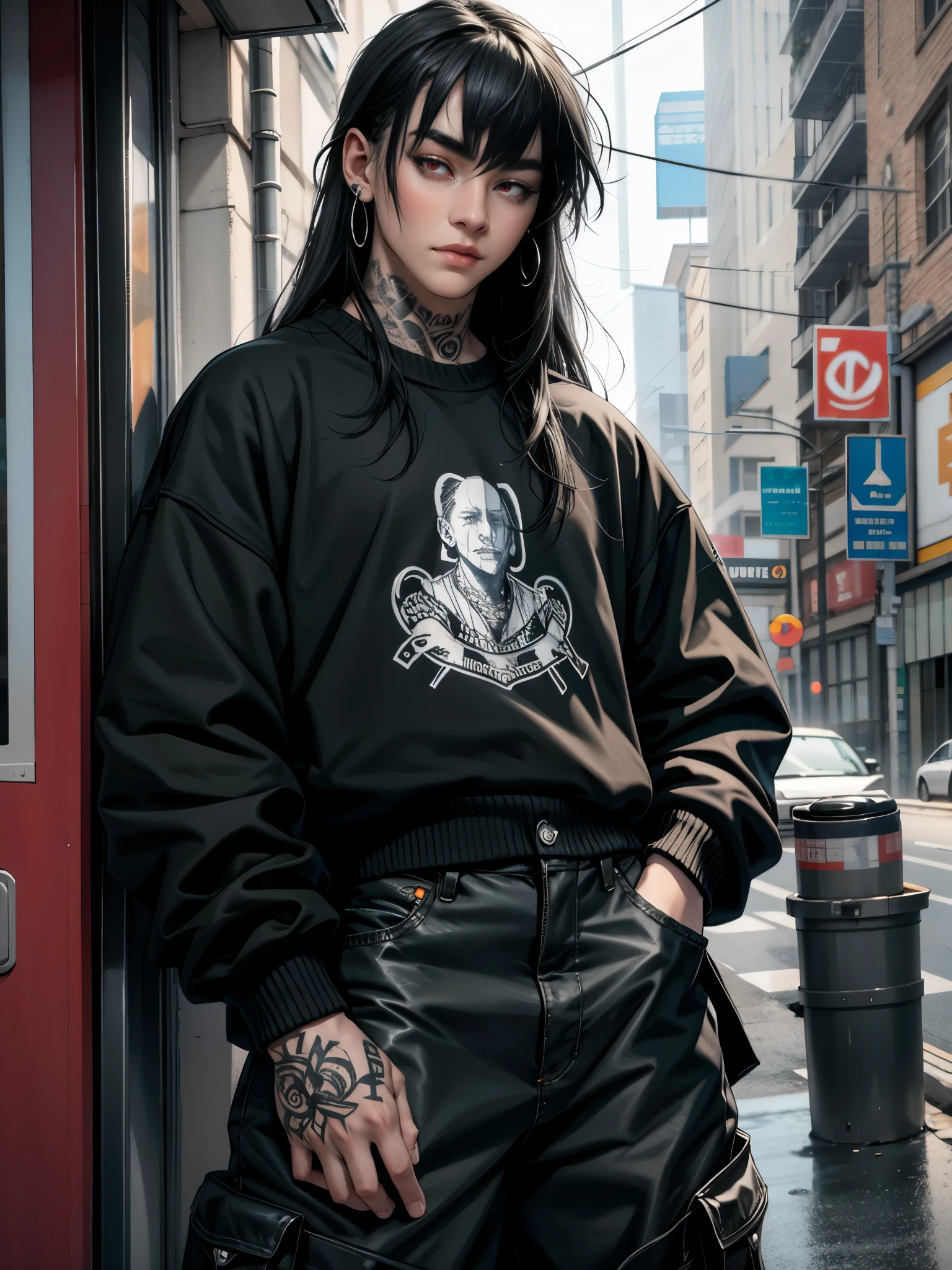 a photo of Henrik Sanyi, he is a delicate 20-year-old boy, fair skin, long black hair with bangs, piercings, tattoos, thick thighs, wearing a crepe sweatshirt, cargo pants, looking at the camera,Facing the viewer