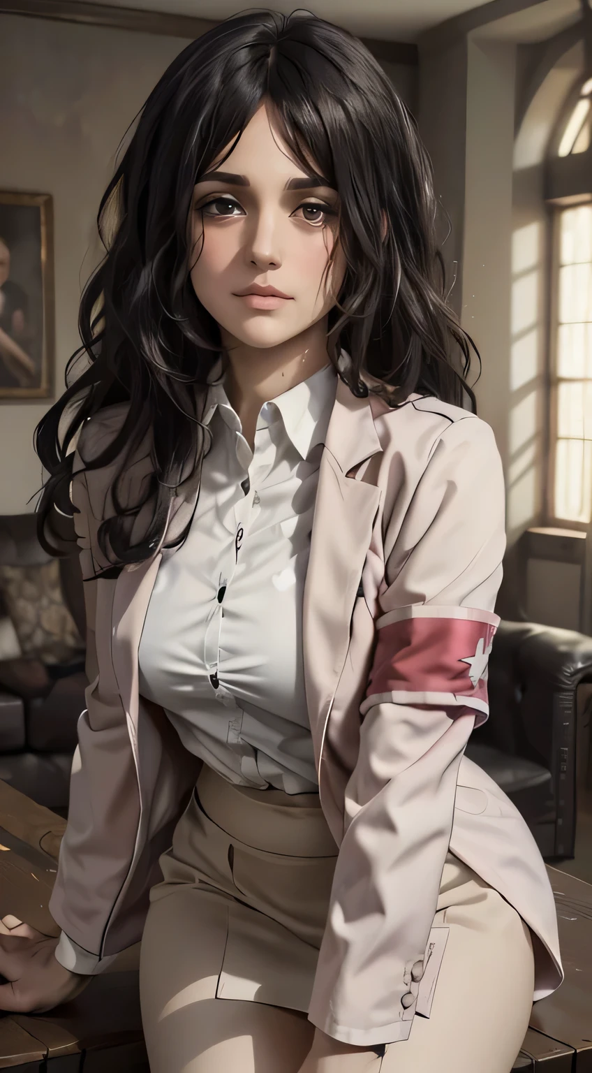 (best quality:1.3), (4k quality),(sharp image), Pieck, ((Detailed face)), ((masterpiece face)),((perfect detailed eyes)) (blush), Pieck, (((black hair, black wavy hair))), grey eyes, pink lips, pink lips, sly face, face with stern features, ((detailed face)), perfect face, highly detailed eyes, masterpiece, absurdres , (intricate details), (colorful),cinematic lighting, extremely detailed CG unity 8k wallpaper , 1girl, solo, mature female, erected tits, fit body, cameltoe, jacket, white shirt, skirt, ((living room)), ((perfect small erected breast))((fit slim body)), standing