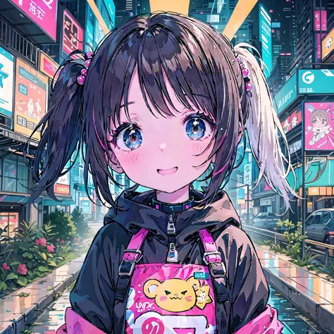 8-year-old、pretty girl、cyber punk city、a happy smile、beautiful background, 2 girls, flashy makeup