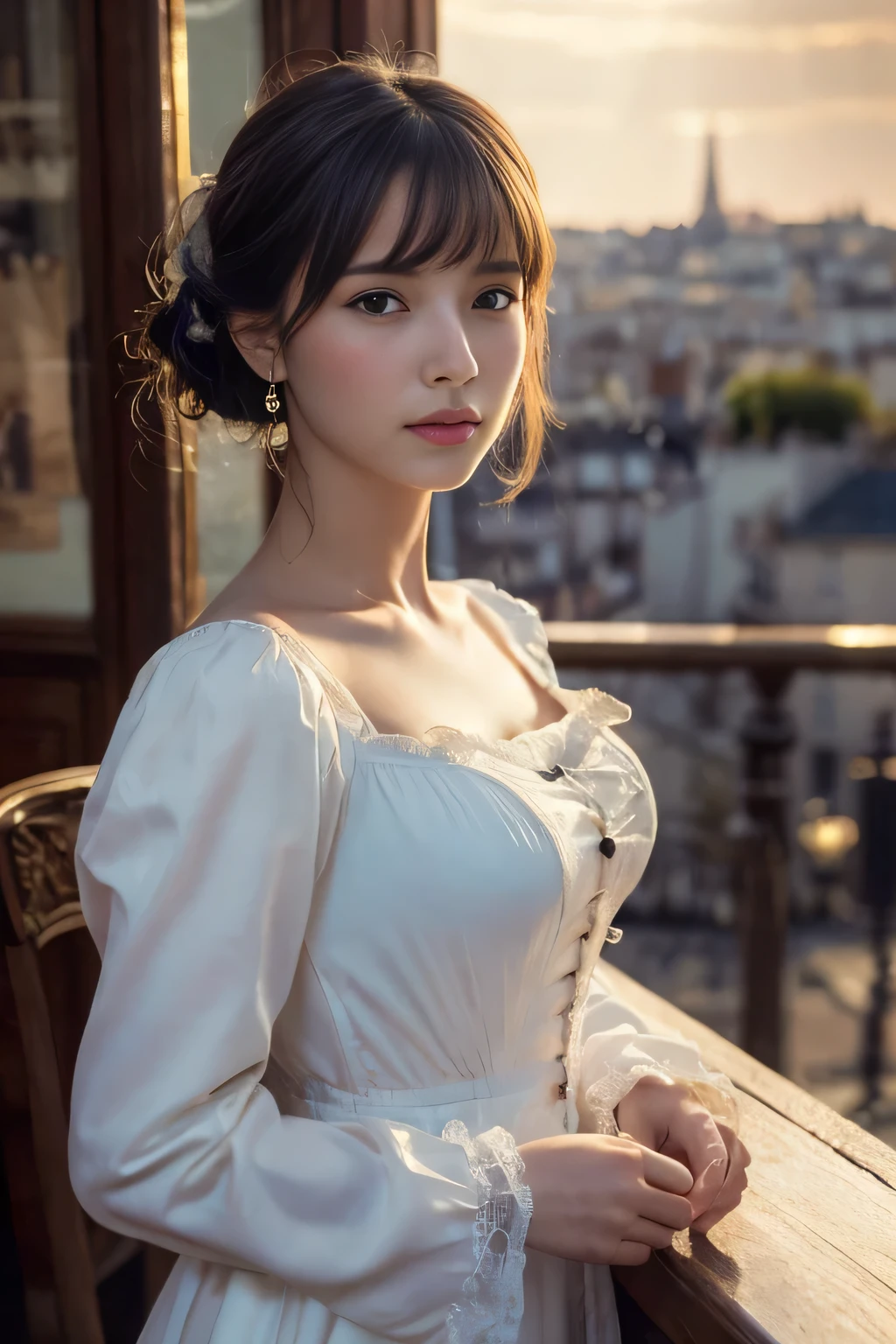 
((Tabletop:1.4, highest quality)), (Realistic photos:1.4), 
((1 girl)), (Otherworldly beauty), (dream-like),
(超High resolution:1.2), Very delicate and beautiful, wonderful, Very detailed CG Unity 8k wallpaper, Very detailed, High resolution, 
Soft Light, Beautiful detailed girl, Very detailedな目と顔, Beautiful and detailed nose, Beautiful and detailed, 
(Dressed in late 19th century French costume:1.3),
Cinema Lighting, Perfect Anatomy, Slender body, (Parted bangs),
(Impressionist portrait of a beautiful girl), (Montmartre at the end of the 19th century:1.3), (evening), (after the rain), (Reflection of the sunset), (Impressionist light and colour), 
Cowboy Shot