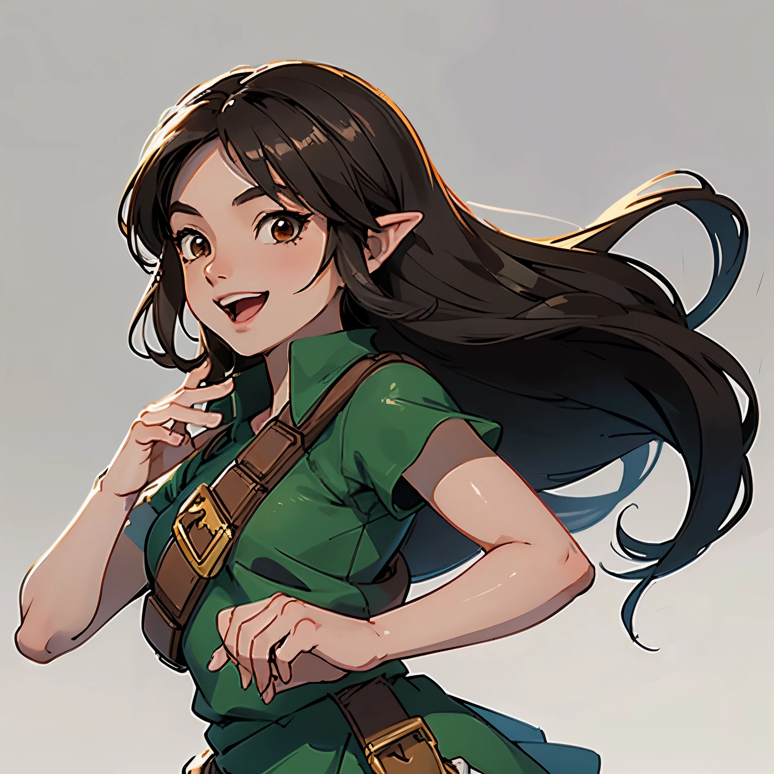 A woman, with cosplay of Link, laughing, brown eyes, black long hair, sketch art, white background, character from the legend of zelda