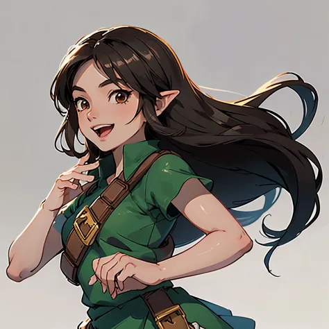 A woman, with cosplay of Link, laughing, brown eyes, black long hair, sketch art, white background, character from the legend of...