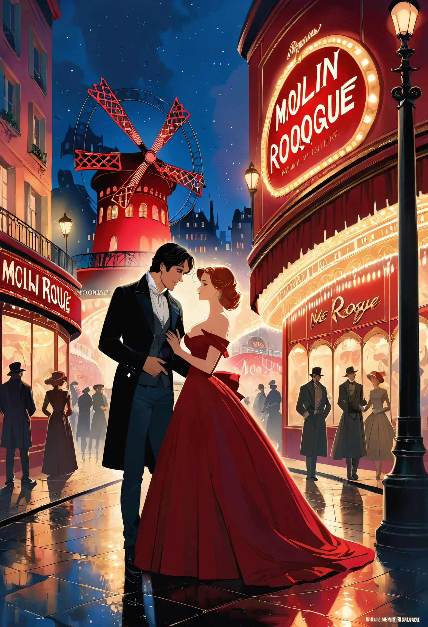 arafed image of a couple in a city street at night, moulin rouge!, moulin rouge, movie artwork, concept art of love, movie art, movie poster painting, bestselling movie art poster, romance novel cover, martin ansin, inspired by Vincent Lefevre, belle epoque, neo - romanticism, neo-romanticism, raphaël,