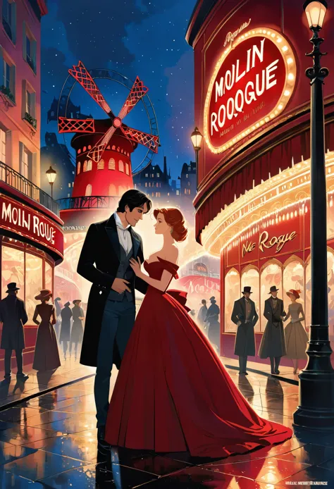 arafed image of a couple in a city street at night, moulin rouge!, moulin rouge, movie artwork, concept art of love, movie art, ...