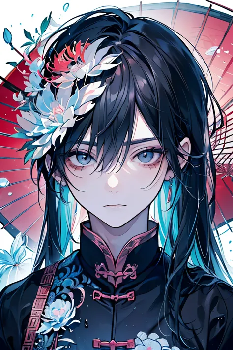 ((boy around 18 years old)),(Black Hair:1.3),(Long Hair:1.3),(Chinese style single layer costume:1.45),(Blue and pink and grey),...