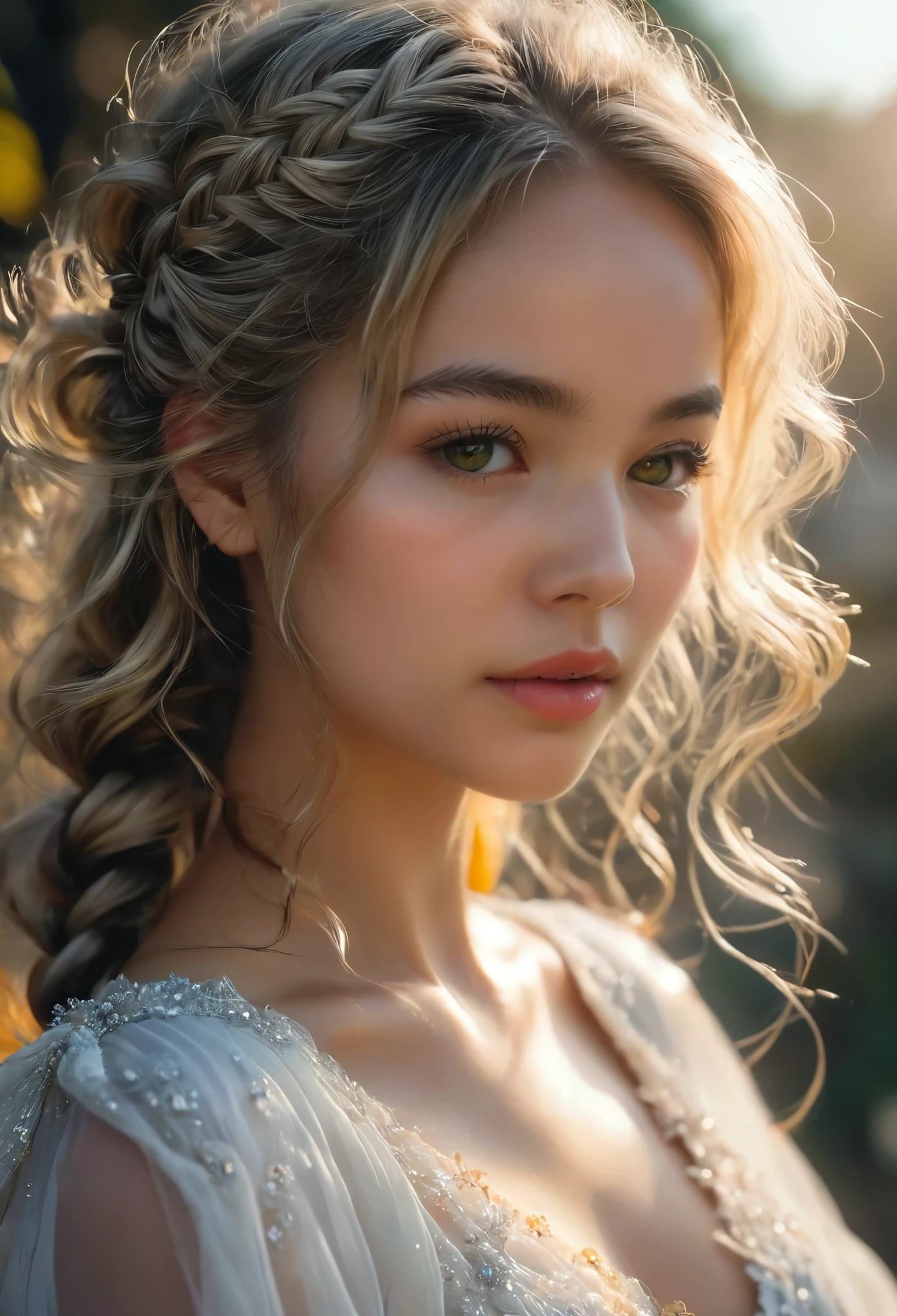 a beautiful woman with long white hair, golden eyes, and a gentle smile, looking at viewers, wearing a white dress, looking up, detailed half-body portrait, dancing, flawless skin, moist skin, braided hairstyle, detailed beautiful eyes, long eyelashes, (high nose:1.4)(best quality,4k,8k,highres,masterpiece:1.2),ultra-detailed,(realistic,photorealistic,photo-realistic:1.37),intricate details, warm lighting, cinematic composition, elegant, serene, ethereal, happily, (showing her own armpits:1.5), seductive, erotic, NSFW