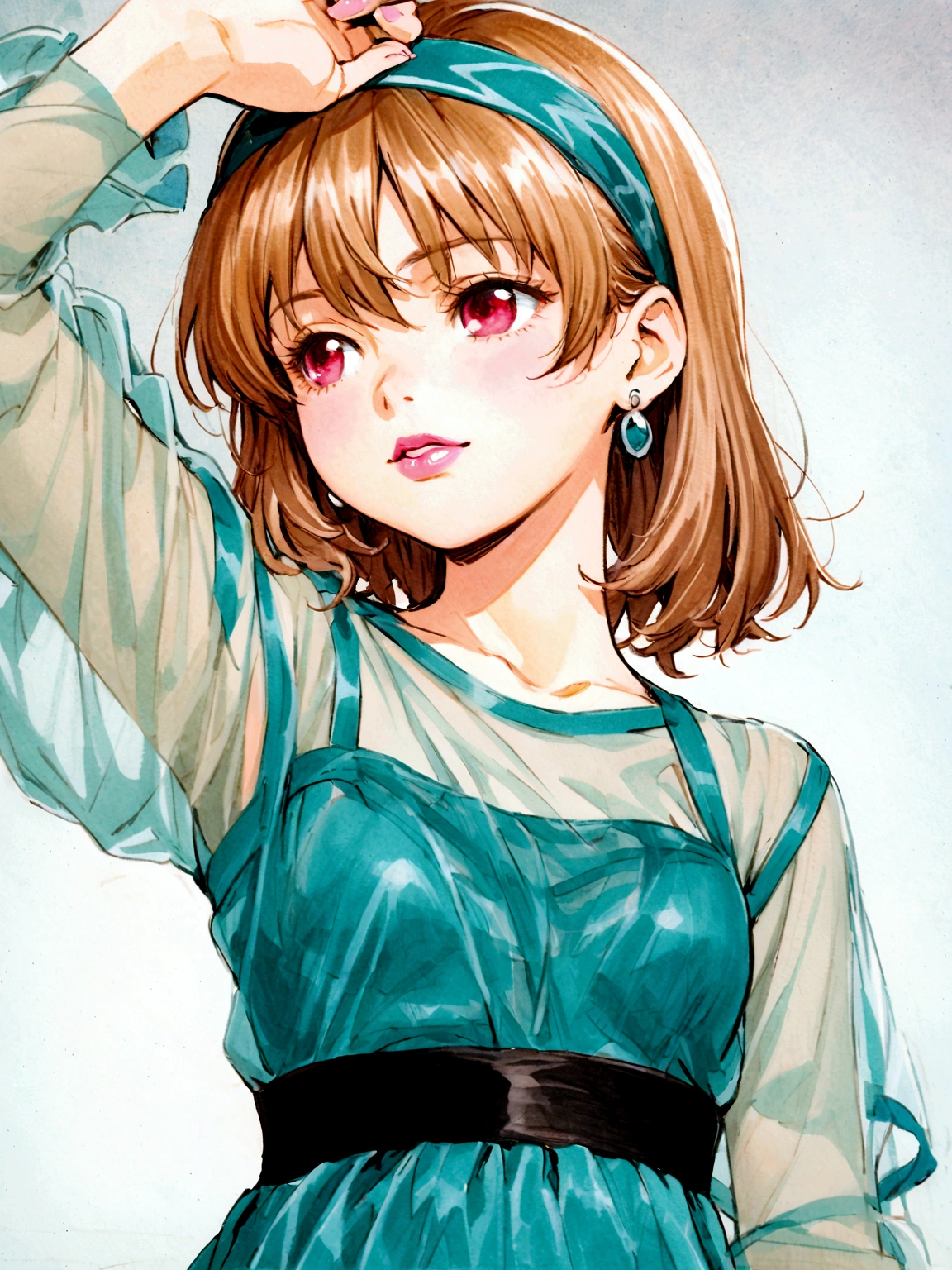 (houjou_satoko), 1girl, (blonde hair), red eyes, short hair, hairband, small breasts,11 years old, solo, long sleeves, dress, jewelry, upper body, earrings, arm up, lips, see-through, looking to the side, blue dress, traditional media