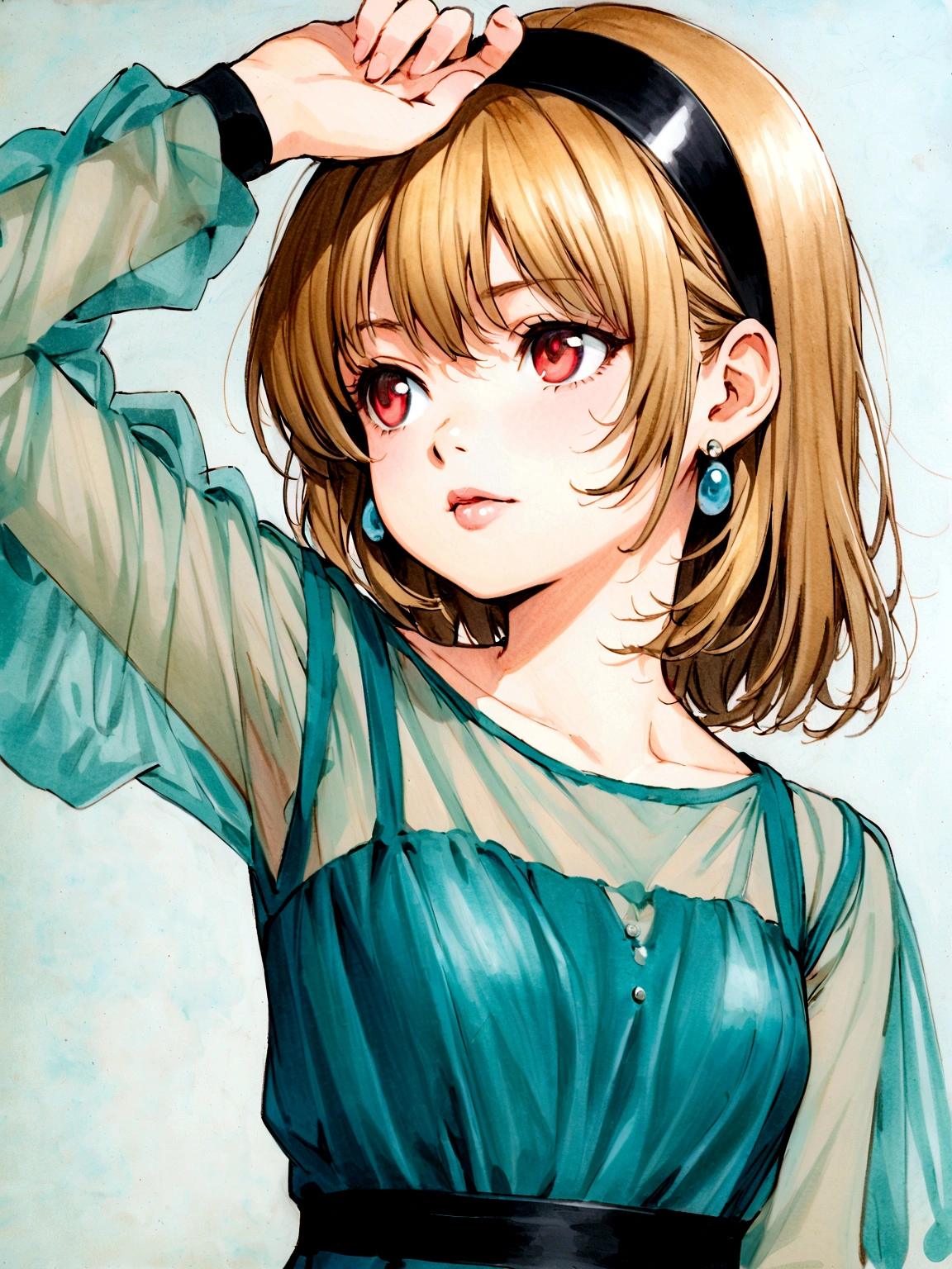 (houjou_satoko), 1girl, (blonde hair), red eyes, short hair, hairband, small breasts,11 years old, solo, long sleeves, dress, jewelry, upper body, earrings, arm up, lips, see-through, looking to the side, blue dress, traditional media