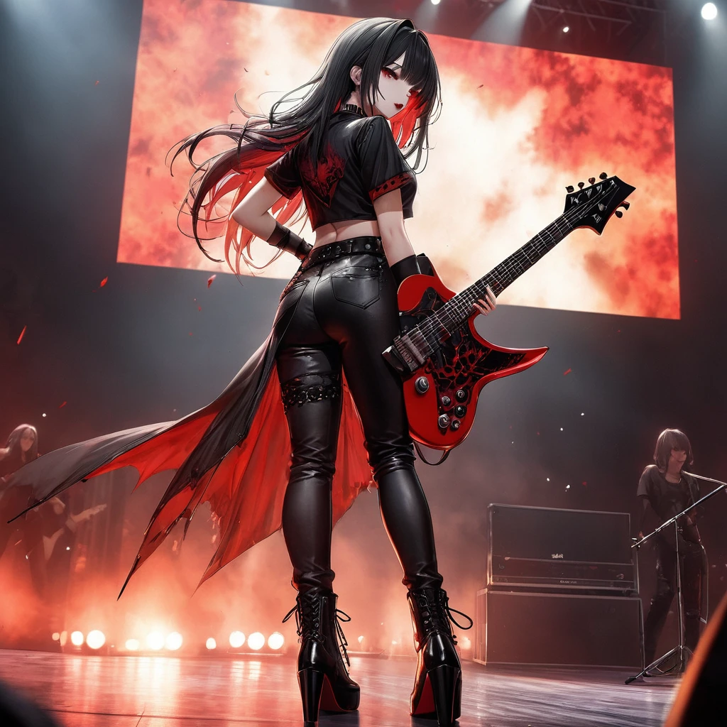 mavis dracula, wütend, enthusiastisch, Durchführung, sehr sexy, schwarzes Latex-T-Shirt, schwarze Nappahose mit roten Flammen, schwarze Schnürstiefeletten und Stilettos, schwarzes Halsband und Armbänder, Gothic-Punk-Stil, eine individuell gestaltete rote Gitarre spielen, auf einer Bühne mit einer großen Leinwand im Hintergrund, auf der die Show gezeigt wird, Heavy-Metal-Trend, filmisch, dramatisch, dynamische Rückansicht, Ganzkörper, CG-Anime-Stil, HD12K,