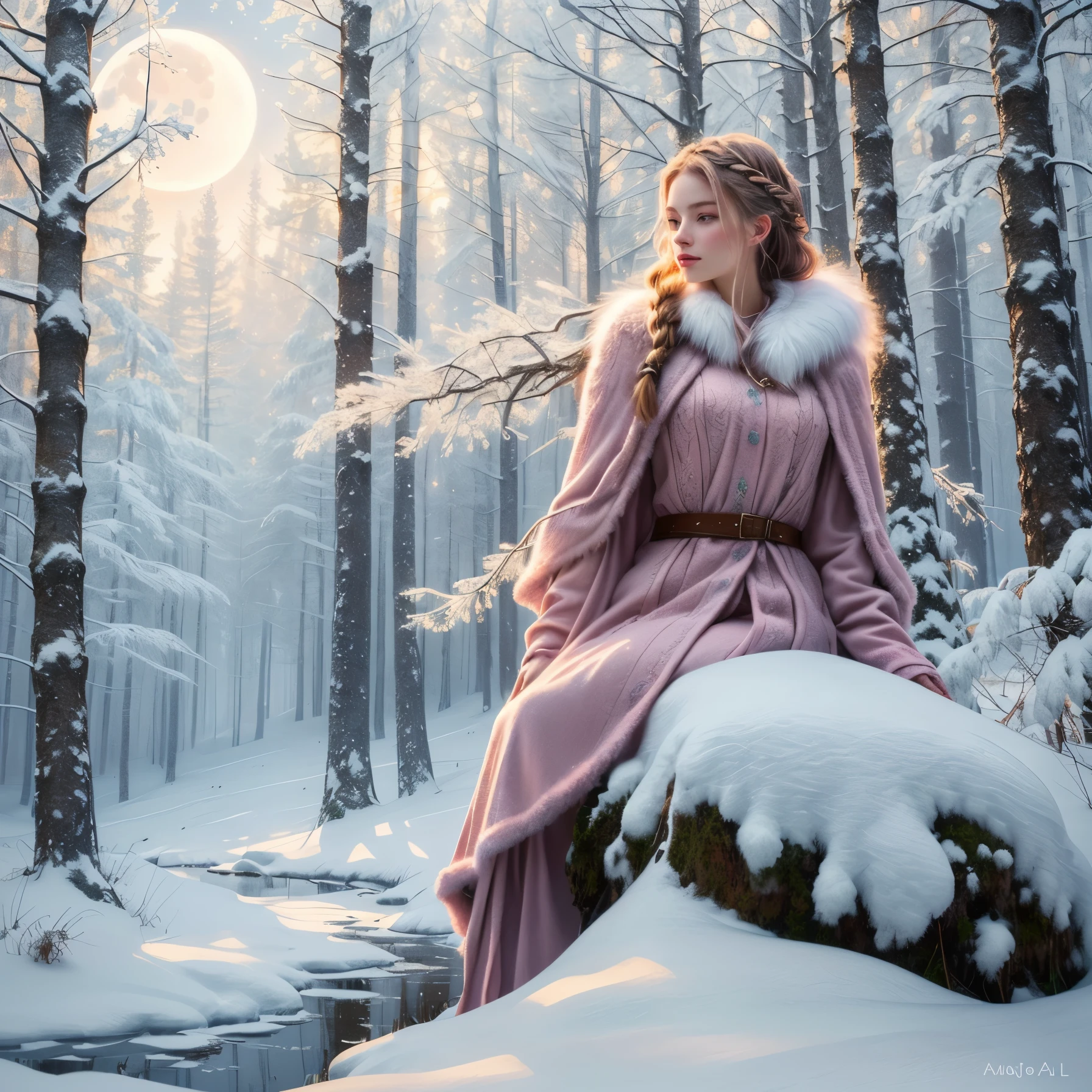 a girl in a winter forest, 1girl, pink fluffy fur coat, long braided hair, two moons in the sky, atmospheric lighting, fantastical scene, cinematic, detailed, high quality, highly detailed, photorealistic, hyper detailed, intricate details, 8k, extremely detailed, dramatic lighting, fantasy, magical, whimsical, ethereal, mystical, magical realism, frosty forest, snow covered landscape, detailed winter forest, lush vegetation, dreamlike, otherworldly, fairytale, visually striking, awe inspiring, captivating, breathtaking