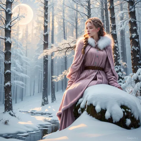 a girl in a winter forest, 1girl, pink fluffy fur coat, long braided hair, two moons in the sky, atmospheric lighting, fantastic...