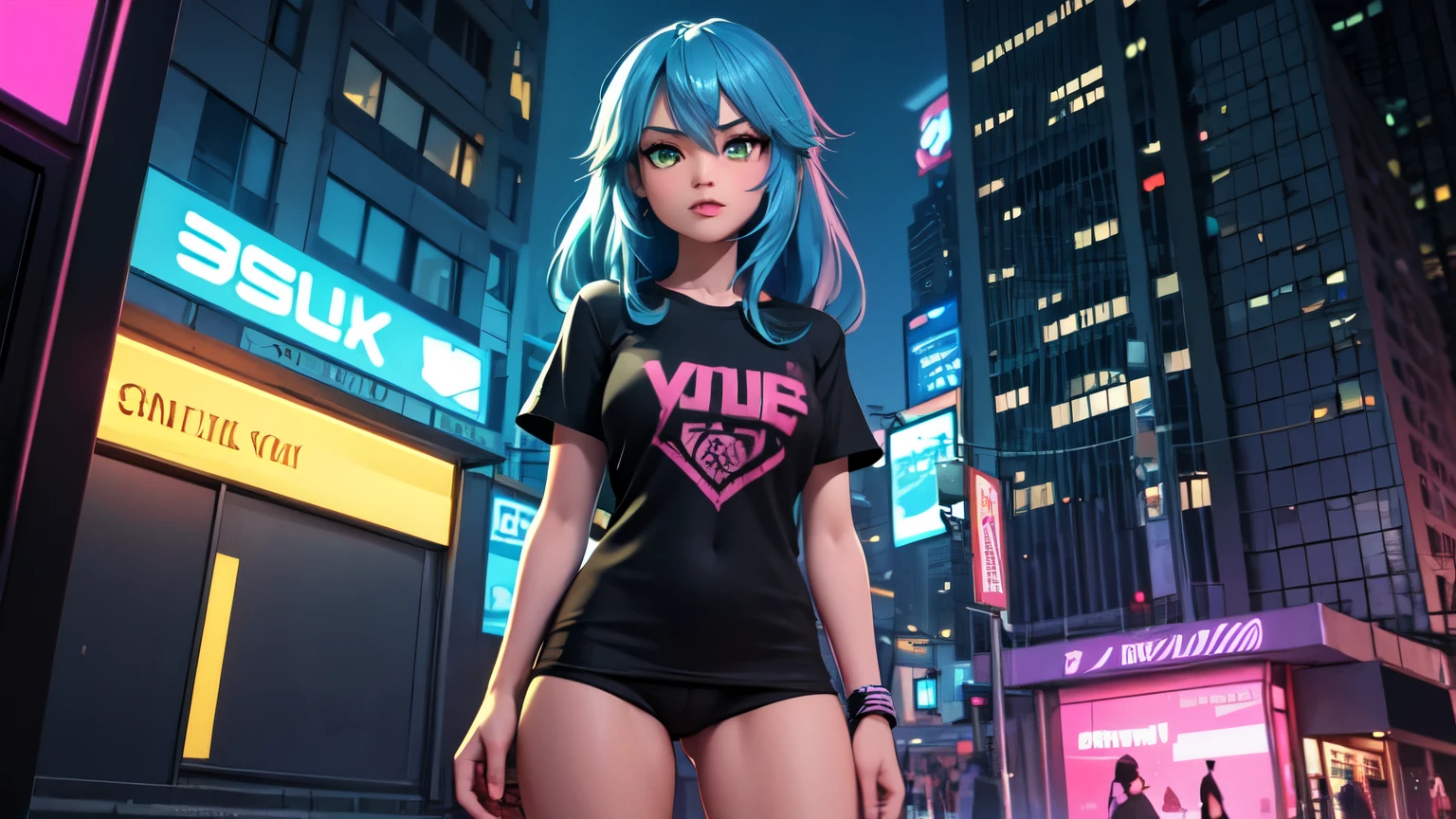 Image en 3D qui capture une scène avec une femme à la peau bronzée, avec longtemps, cheveux bleus raides, aux yeux vert foncé, porter un t-shirt violet, dans une ville cyberpunk avec des lumières LED bleues et roses, avec un tatouage sur la cuisse.