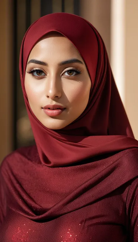 a breathtakingly beautiful muslim woman from lebanon, wearing a dark red hijab, naked, cleavage, big buttock, perfect symmetric ...