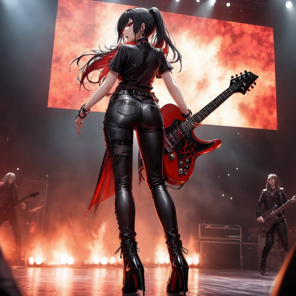 Mavis Drácula, furioso, entusiasmado, atuando, muito sexy, camiseta preta de látex, calça de látex preta com chamas vermelhas, botas pretas de amarrar e salto agulha, gargantilha e pulseiras pretas, estilo punk gótico, tocando forte uma guitarra vermelha customizada, em um palco com telão ao fundo exibindo o show, tendência do heavy metal, cinematic, Dramático, visão traseira dinâmica, corpo todo, Estilo de anime CG, HD12K,