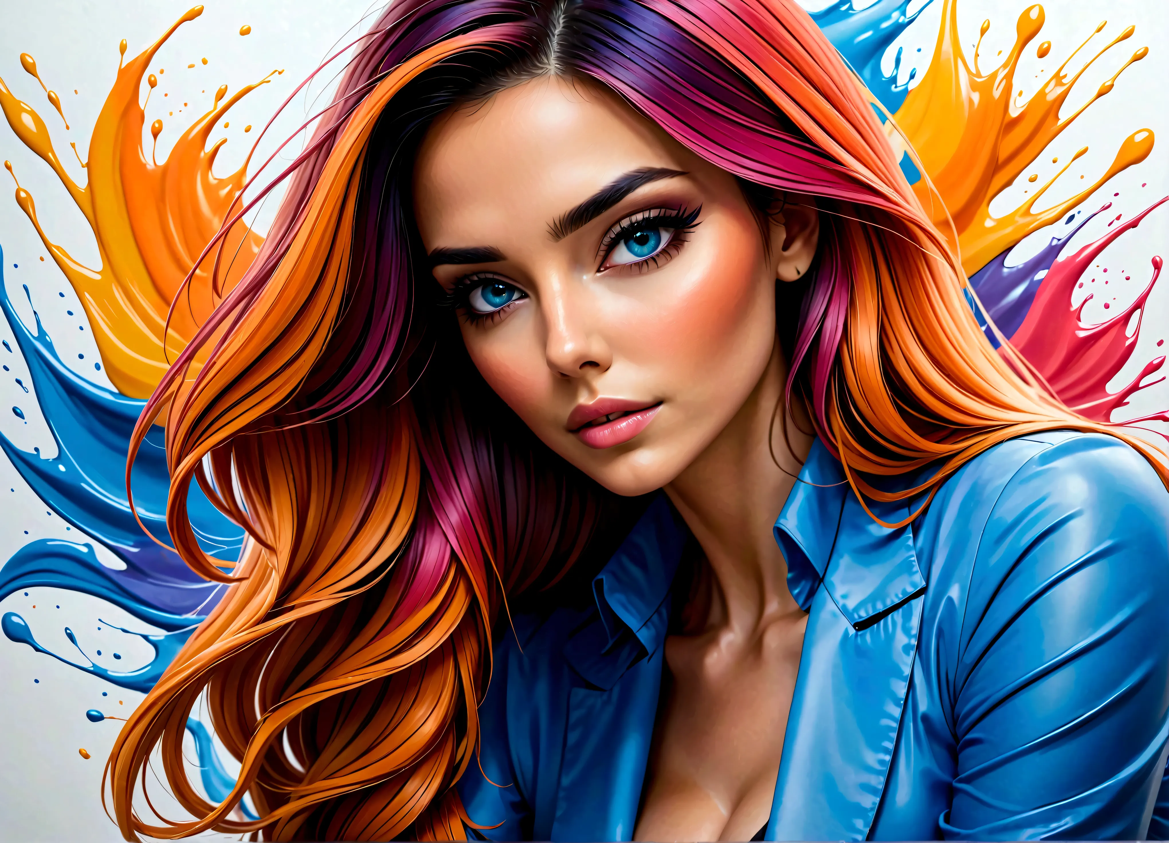 Uma linda mulher, highlighted in vibrant colors like a colored pencil drawing, tirando o cabelo do rosto. The woman is very well...