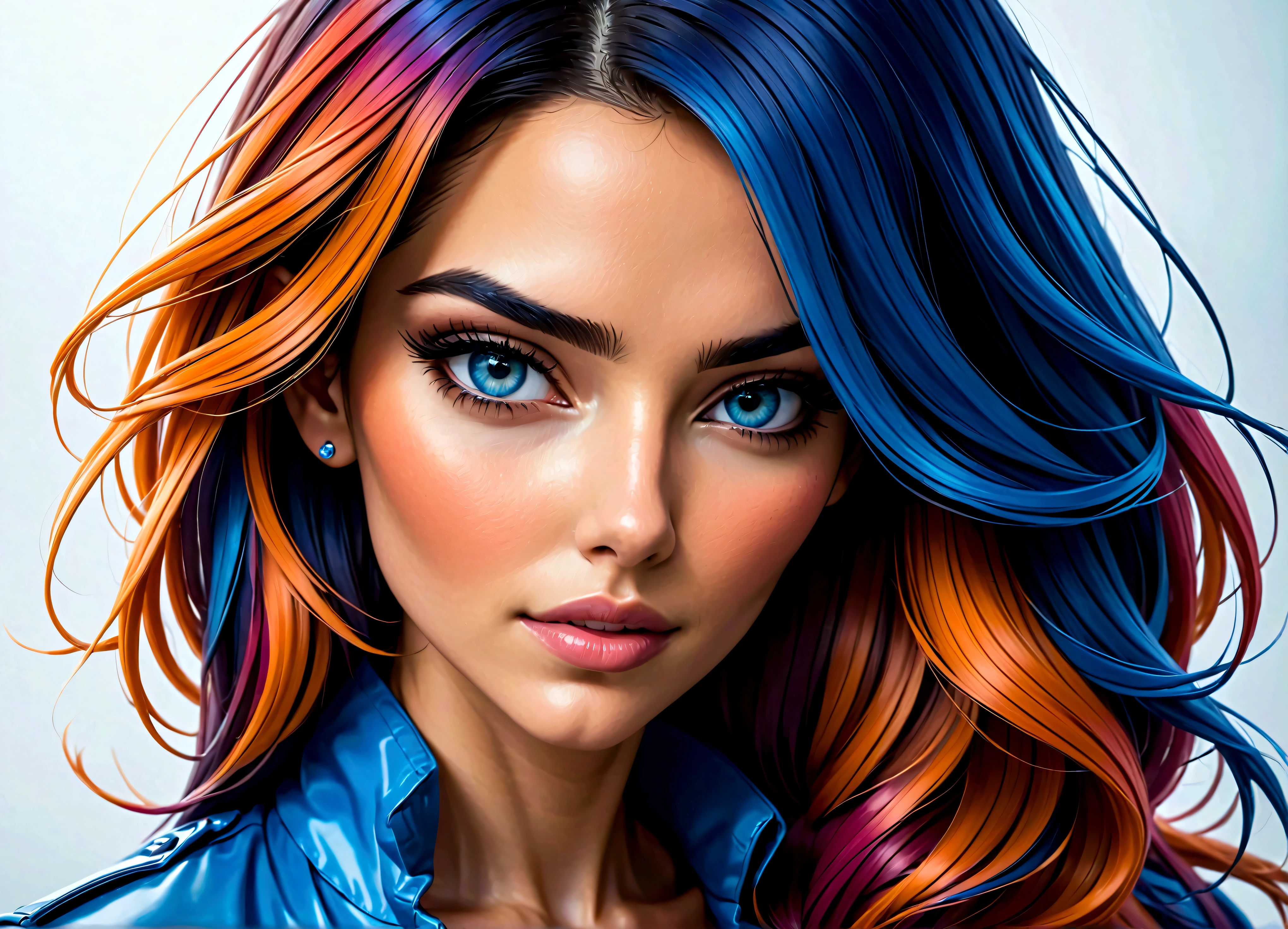 Uma linda mulher, destacado em cores vibrantes como um desenho a lápis de cor, tirando o cabelo do rosto. A mulher está muito bem vestida com uma mistura de tons de azul, rosa e laranja, com detalhes intrincados destacando suas vestes. Ao redor dela há respingos de cor semelhantes a aquarelas., com flores e gotas de tintas..