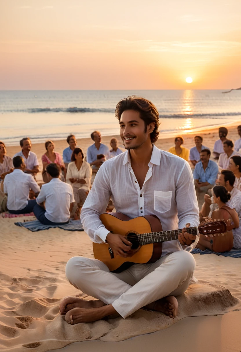 a gentle guitarist sitting on the beach under the sunset, wearing a cotton and linen shirt, softly singing his own folk songs. Surrounded by a group of listeners attracted by the music, they sit on the beach, enjoying the tranquility brought by the sea breeze and music. The background is the beach under the sunset, (masterpiece, best quality, Professional, perfect composition, very aesthetic, absurdres, ultra-detailed, intricate details:1.3)