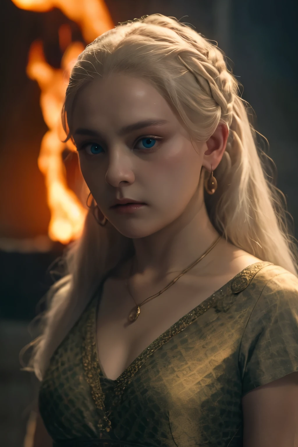 (((Cinematic epic poster))) of Helaena Targaryen , Gothic style, (((detailed face))), (a detailed RAW photo of a ), (master part:1.0), (best quality:1.4), (Ultra Highres:1.2), (photorealistic:1.4), 8K resolution, Canon EOS R5, 50 millimeters, Absurd, Ultra Detailed, sharp focus, Cinematic lighting, detailed face, (ULZZANG-6500-V1.1), detailed skin texture, pale skin, chest round, (pale :0.5), Cinematic lighting. (((Abstract vision of flame background, cinematic lighting )))