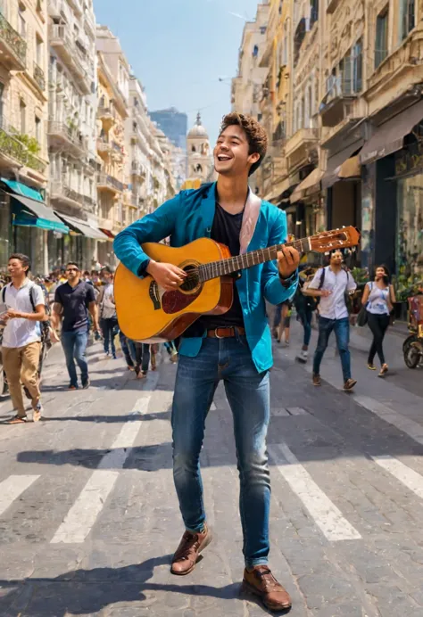 A young man carrying a guitar plays and sings on the busy streets of the city, bringing joyful melodies to passersby. His expres...