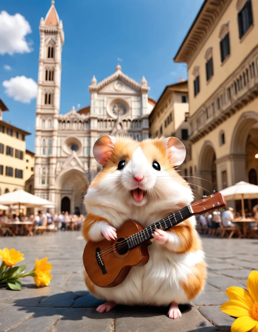 Fixes,Guitar Details,Structurally correct,Scenery near the fountain in the square in Florence, Italy,hamster guitarist,A hamster is playing the guitar in the middle of a beautiful Florence square,A refreshing May breeze blows, and brightly colored petals and golden musical notes fly in the air.,A lot of people are sitting around to see the hamster,A boy puts coins into a hamster-sized guitar case,audience clapping,It's a happy and dreamy scene,(masterpiece:1.3),(highest quality:1.4),(ultra detailed:1.5),High resolution,extremely detailed,unity 8k wallpaper,A lot of golden musical notes float in the background.,BREAK,Hamsters are fluffy and very cute,hamster is small,play on guitar,He looks very happy with his mouth open and his arms and legs raised.,anatomically correct,the cutest hamster,(masterpiece:1.3),(highest quality:1.4),(ultra detailed:1.5)