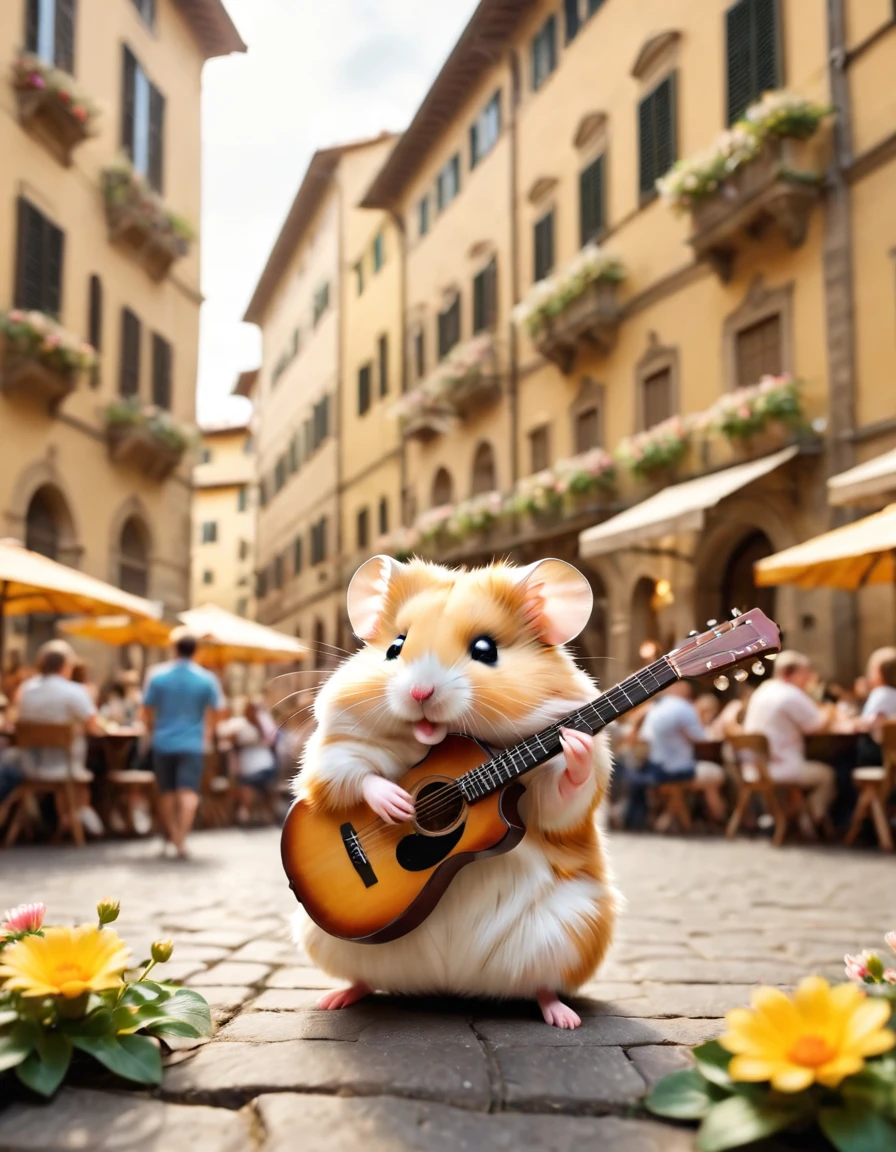 Fixes,Guitar Details,Structurally correct,Scenery near the fountain in the square in Florence, Italy,hamster guitarist,A hamster is playing the guitar in the middle of a beautiful Florence square,A refreshing May breeze blows, and brightly colored petals and golden musical notes fly in the air.,A lot of people are sitting around to see the hamster,A boy puts coins into a hamster-sized guitar case,audience clapping,It's a happy and dreamy scene,(masterpiece:1.3),(highest quality:1.4),(ultra detailed:1.5),High resolution,extremely detailed,unity 8k wallpaper,A lot of golden musical notes float in the background.,BREAK,Hamsters are fluffy and very cute,hamster is small,play on guitar,He looks very happy with his mouth open and his arms and legs raised.,anatomically correct,the cutest hamster,(masterpiece:1.3),(highest quality:1.4),(ultra detailed:1.5)