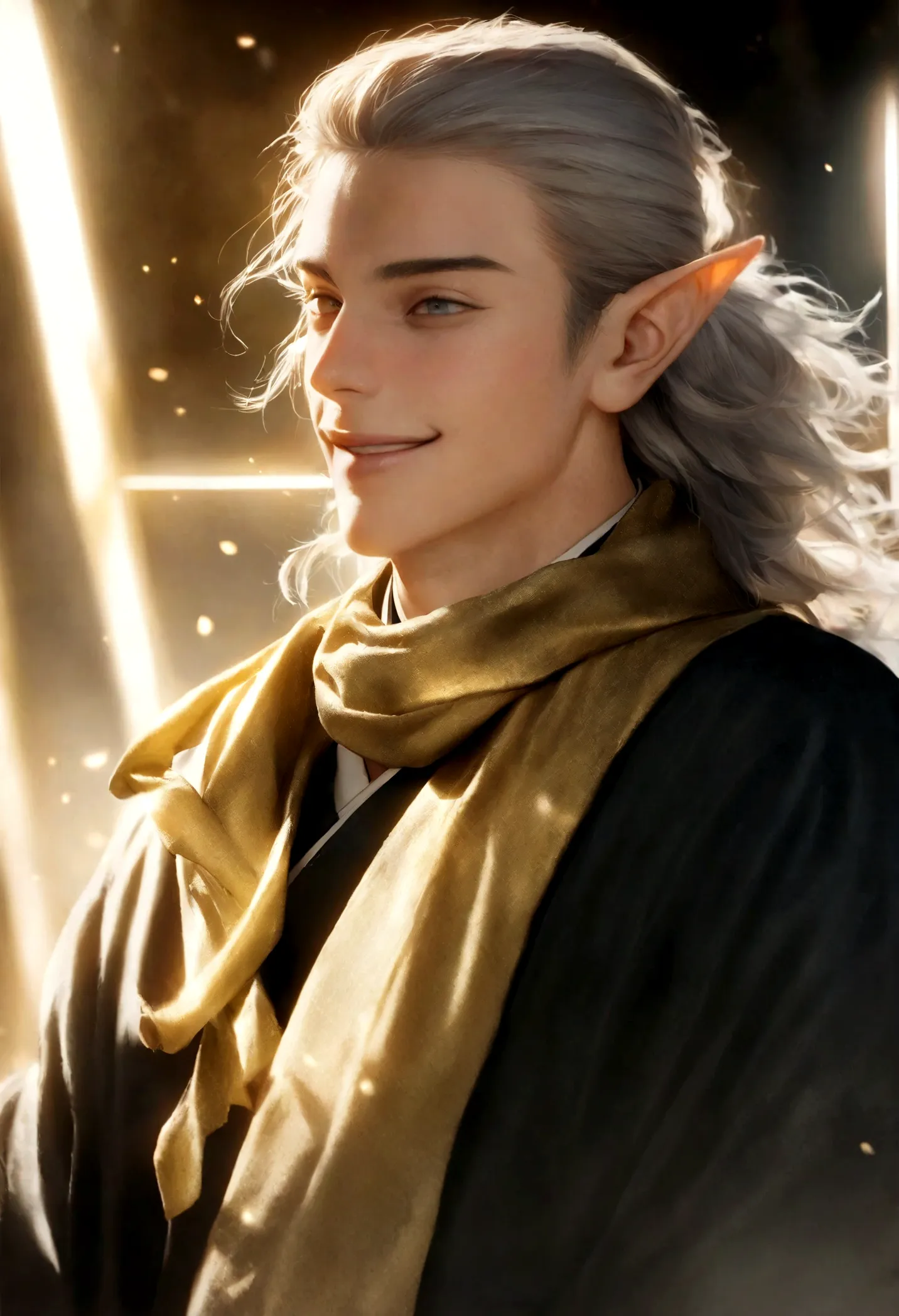 (artwork, very high quality photo, cgi effect, lighting effect, shading effect), a male elf, bright gray eyes, short platinum ha...