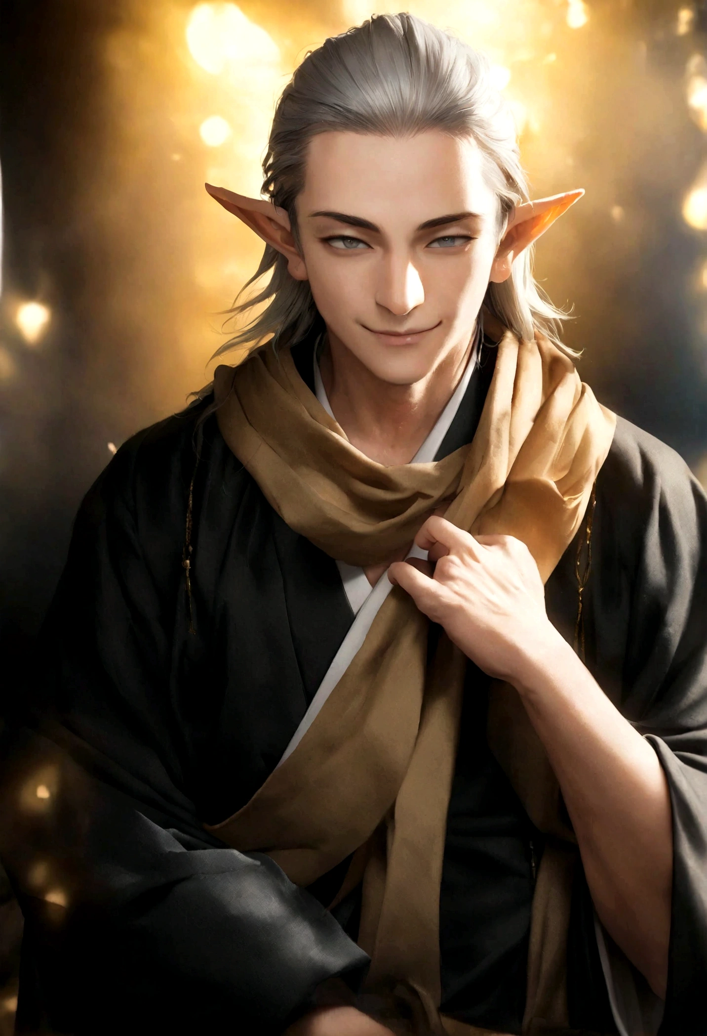 (Artwork, very high quality photo, CGI effect, lighting effect, shading effect), a male elf, bright gray eyes, short platinum hair, (wearing a black kimono with gold details), a brown scarf wrapped around his neck , white yukata over the kimono, (A confident smile on his face, a look of victory)