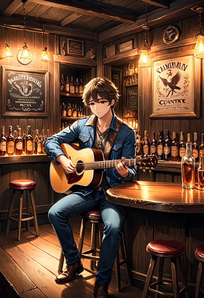 A guitarist plays country music to a slightly tipsy audience in a dimly lit country bar. His voice is warm and magnetic, set against the backdrop of the dimly lit bar and the listening audience, full of life and emotional communication, (masterpiece, best quality, Professional, perfect composition, very aesthetic, absurdres, ultra-detailed, intricate details:1.3)