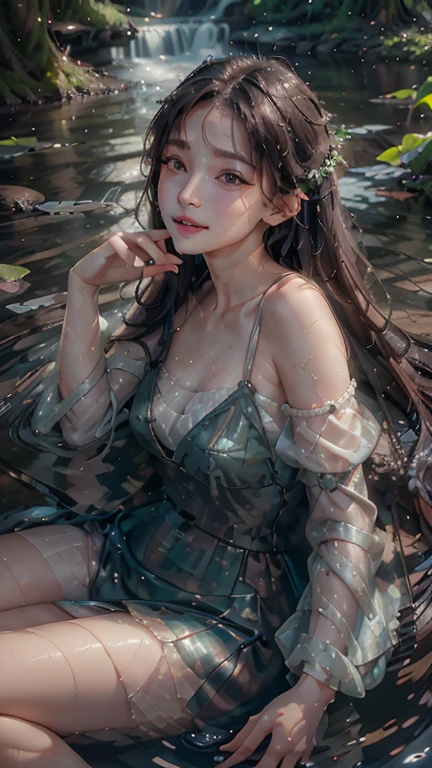 (best quality,4k,8k,highres,masterpiece:1.2),ultra-detailed,(realistic,photorealistic,photo-realistic:1.37),portrait of fairies,enjoying water play in a beautiful river in the forest,fairy with detailed face and hands, enchanted woodland scene, sparkling water, sunlight streaming through the trees, vibrant colors, ethereal atmosphere, delicate wings, flowing dresses, mischievous expressions, shimmering reflections on the water surface