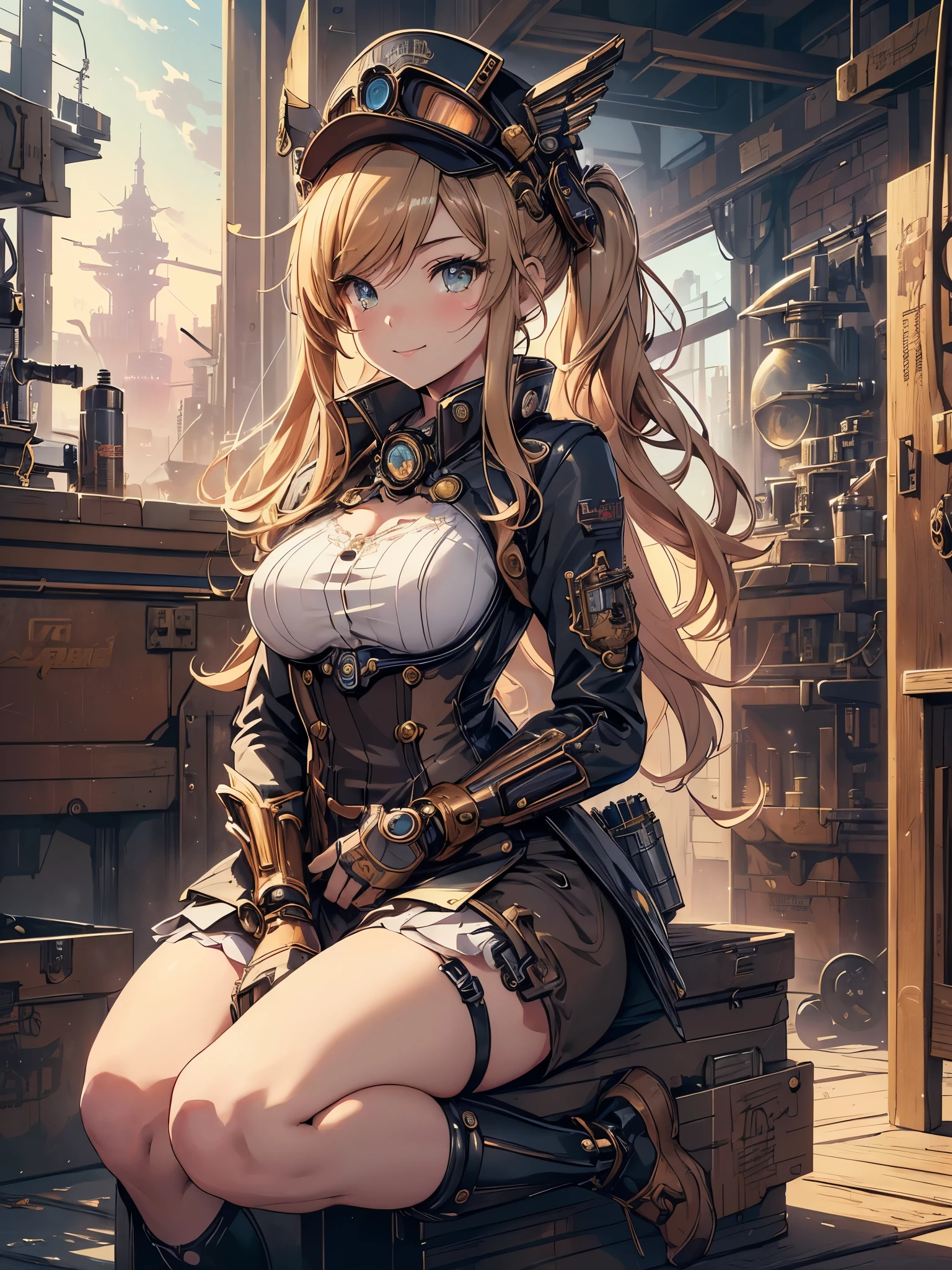 (Line art_anime),(full body, highest quality, ),(Laura Budd Photos:1.2),(Laura Add details:1.0),8k, Flat Color:0.8,1 girl,smile,(Highly decorative and complex mechanical steampunk fashion, Lace flare dolphin hat、goggles、(Sitting on a toolbox drinking coffee)、machinery background、Gear background、An elaborately mechanized steampunk cityscape 1.5)