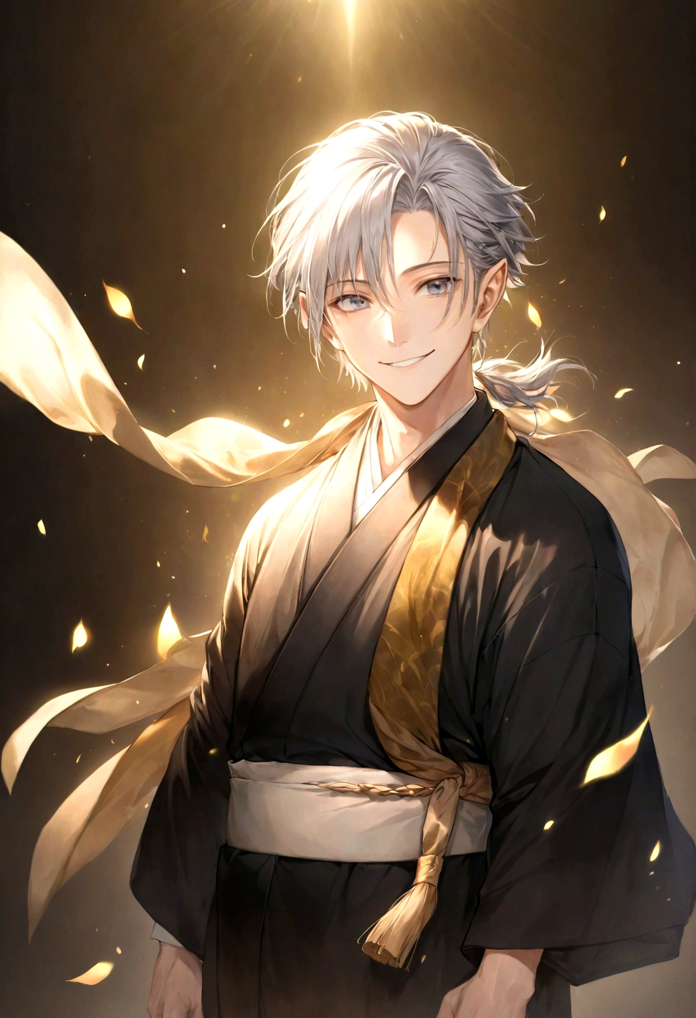 (Artwork, very high quality photo, CGI effect, lighting effect, shading effect), a male elf, bright gray eyes, short platinum hair, (wearing a black kimono with gold details), a brown scarf wrapped around his neck , white yukata over the kimono, (A confident smile on his face, a look of victory)