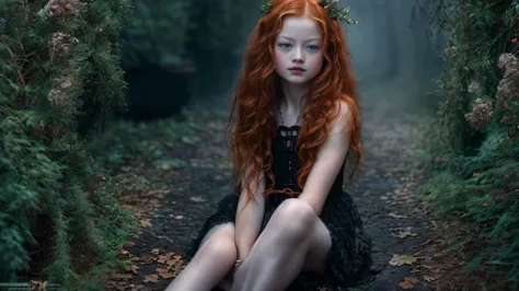 (mackenzie foy ginger hair teen girl,13 years old with spread legs:1.6), (long, messy hair:1.3), blue eyes, detailed eyes, detai...