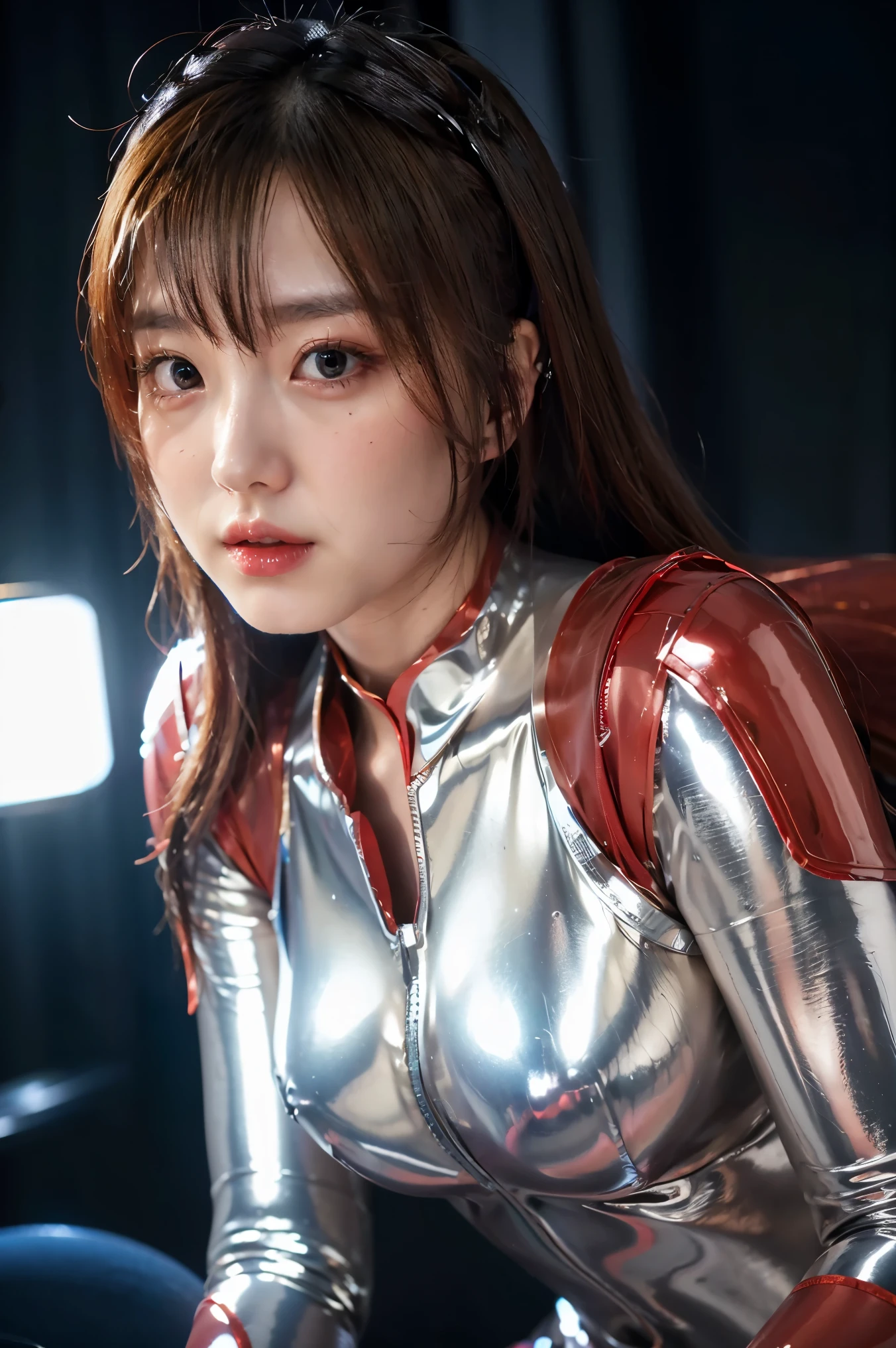 Ultraman、realistic、realistic、cinematic lighting, Girl in a shiny red and silver suit、15 years old、professional photos、Don&#39;Do not expose your skin, japanese model, japanese cgi、Ultraman Suit、, Power Rangers Suit、tight and thin cyber suit,Whole body rubbery、There&#39;s pink There、 delicate body, big breasts、small ass、thin thighs、thin arms、thin waist、camel toe、Both sides of the cyber suit stick to the skin、Big eyes、black short hair、facing the front、facing the front立っている、A glowing sphere is embedded in the chest.、Essay Examination、 blue sky background