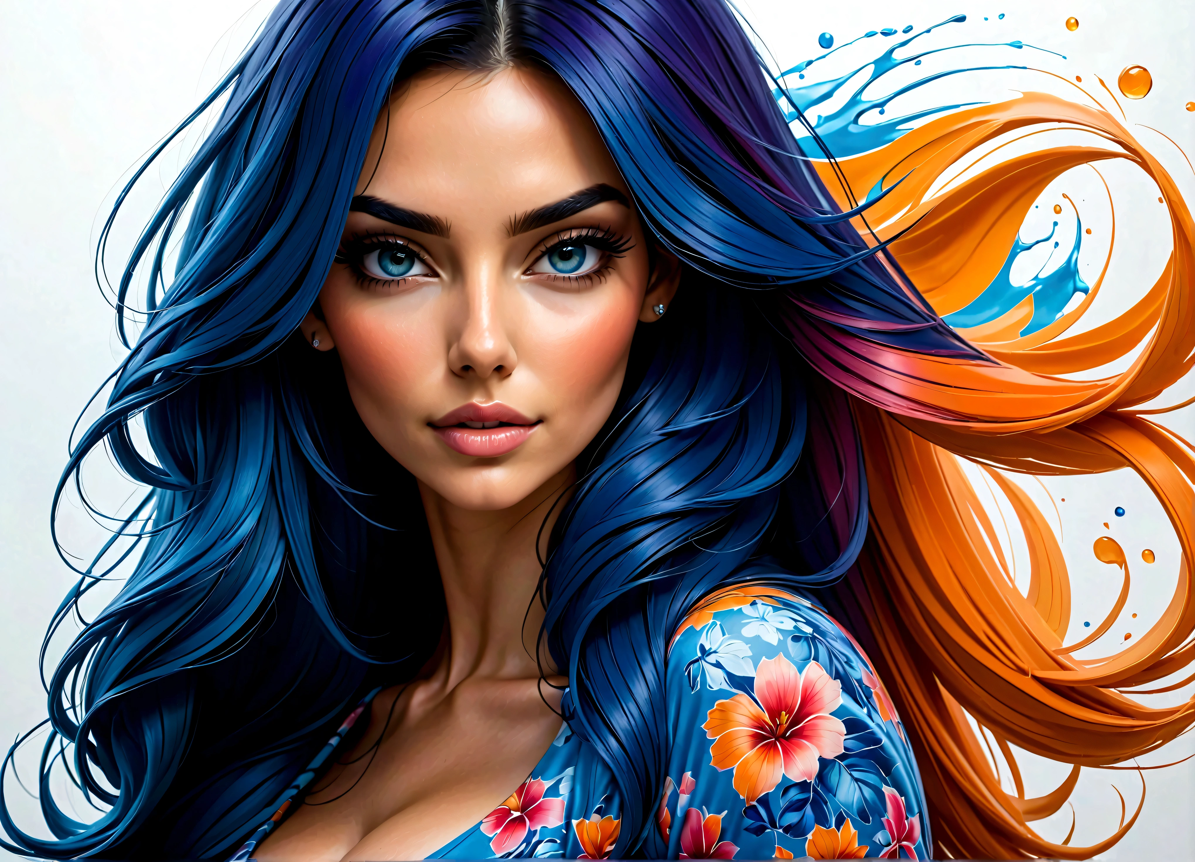 Uma linda mulher, highlighted in vibrant colors like a colored pencil drawing, tirando o cabelo do rosto. The woman is very well dressed in a mix of blue tones, rosa e laranja, com detalhes intrincados destacando suas vestes. All around her are splashes of color similar to watercolors., com flores e gotas de tintas..