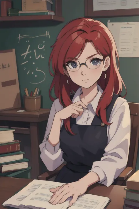 beautiful redhead professor sitting in her table, petulant looking, looking at the viewer, contemporary time, anime style, 8k