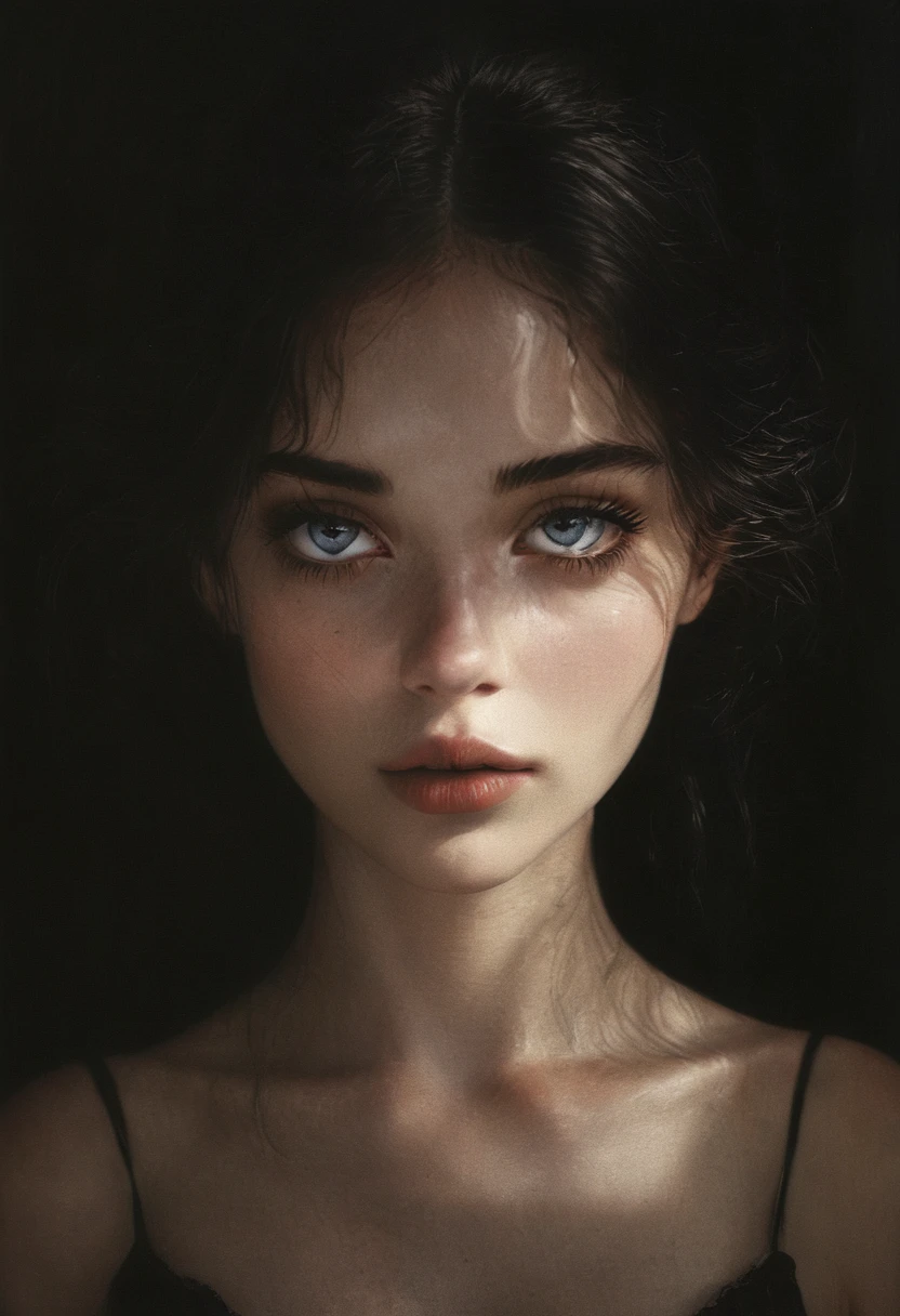 (masterpiece, best quality:1.2), 1girl, solo, anatomically correct, beautiful face, detailed eyes, detailed lips, long eyelashes, realistic, photorealistic, cinematic lighting, dark background, dramatic lighting, moody, atmospheric