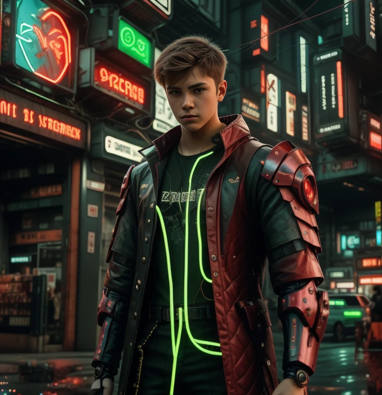 Full-length hyperrealistic photograph of a 1 boy, 20 years old, cyberpunk archer, with cyberpunk technological armor, neon lights effects, energy bow, energy arrows, short brown hairs, masterpiece, photorealistic, raw camera, uhd, 8k