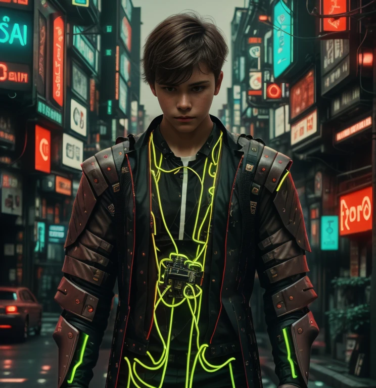 Full-length hyperrealistic photograph of a 1 boy, 20 years old, cyberpunk archer, with cyberpunk technological armor, neon lights effects, energy bow, energy arrows, short brown hairs, masterpiece, photorealistic, raw camera, uhd, 8k