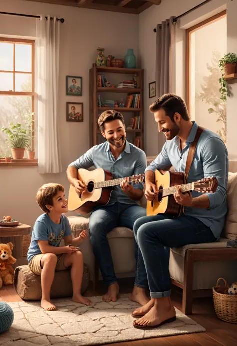 In a warm home, a father plays guitar while the children sit in a circle, listening to their father playing their favorite bedti...